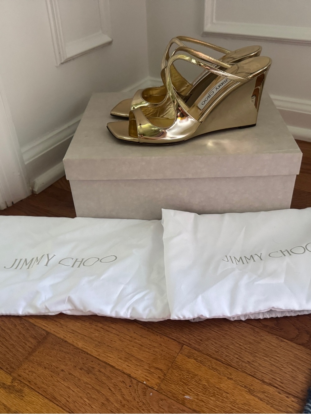 Jimmy Choo Gold Anise Liquid Metal Wedge Sandals 38.5